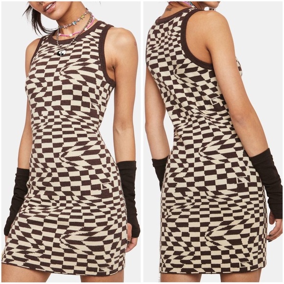 Dolls Kill Pretty Garbage Checkered Print Sleeveless Sweater Mini Dress Large - Picture 1 of 12